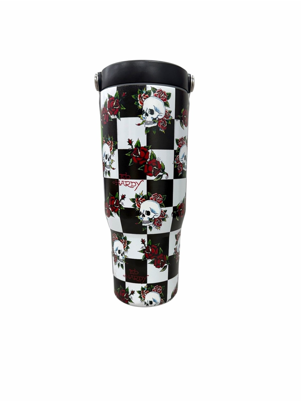 Ed Hardy Black & White Checkered Skull Travel Tumbler with Red Roses